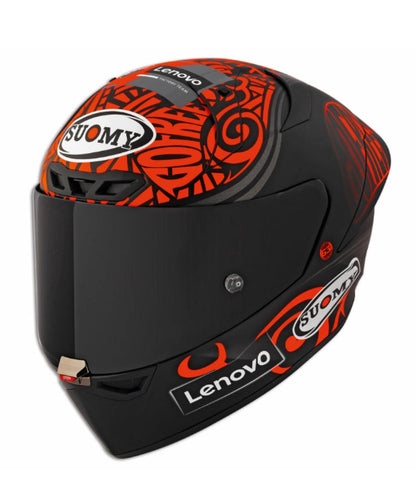 Black and red motorcycle helmet with Lenovo and Suomy branding on a white background